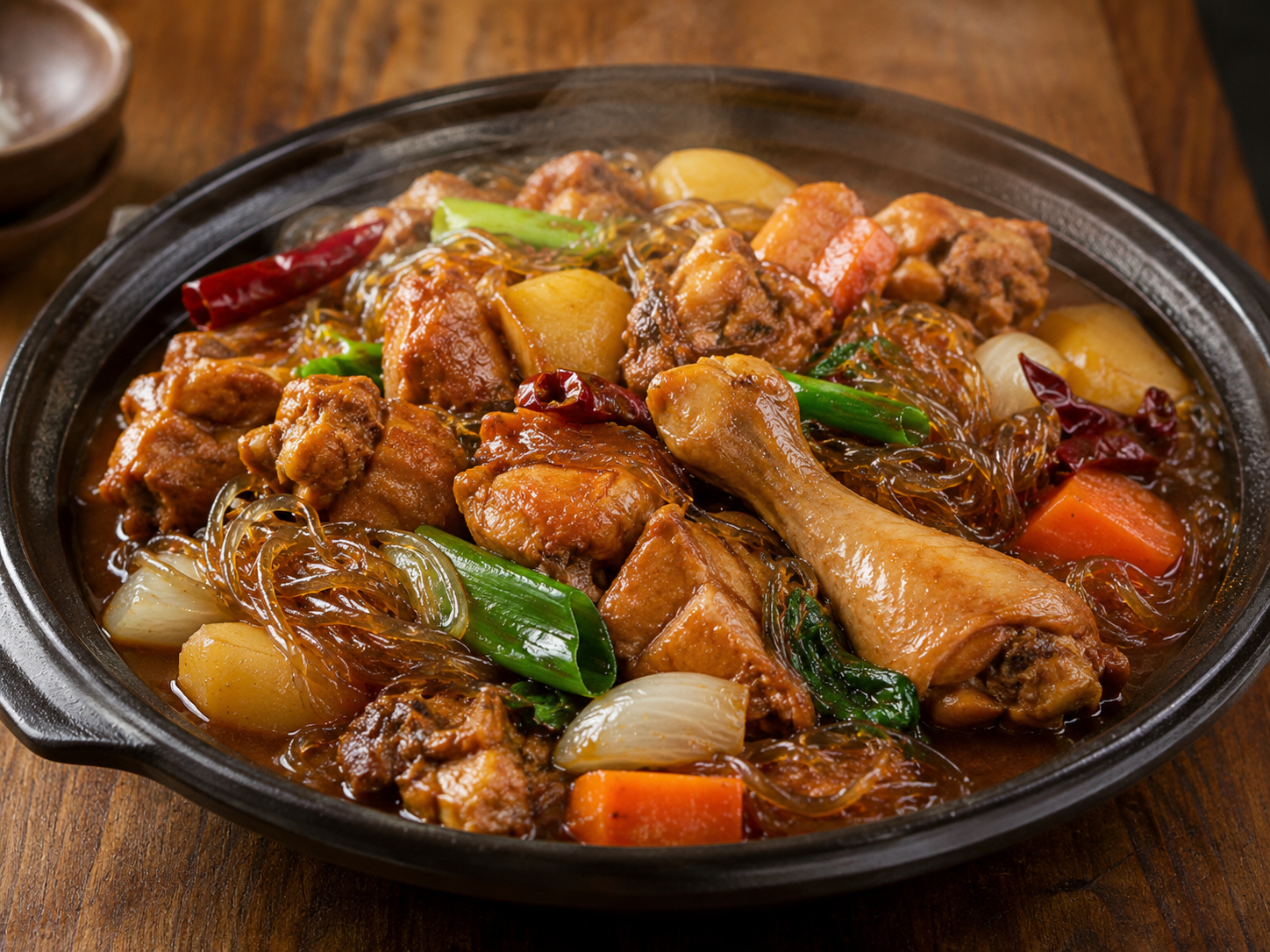 간장 양념 안동찜닭과 당면, 감자, 채소가 담긴 대표 음식 이미지