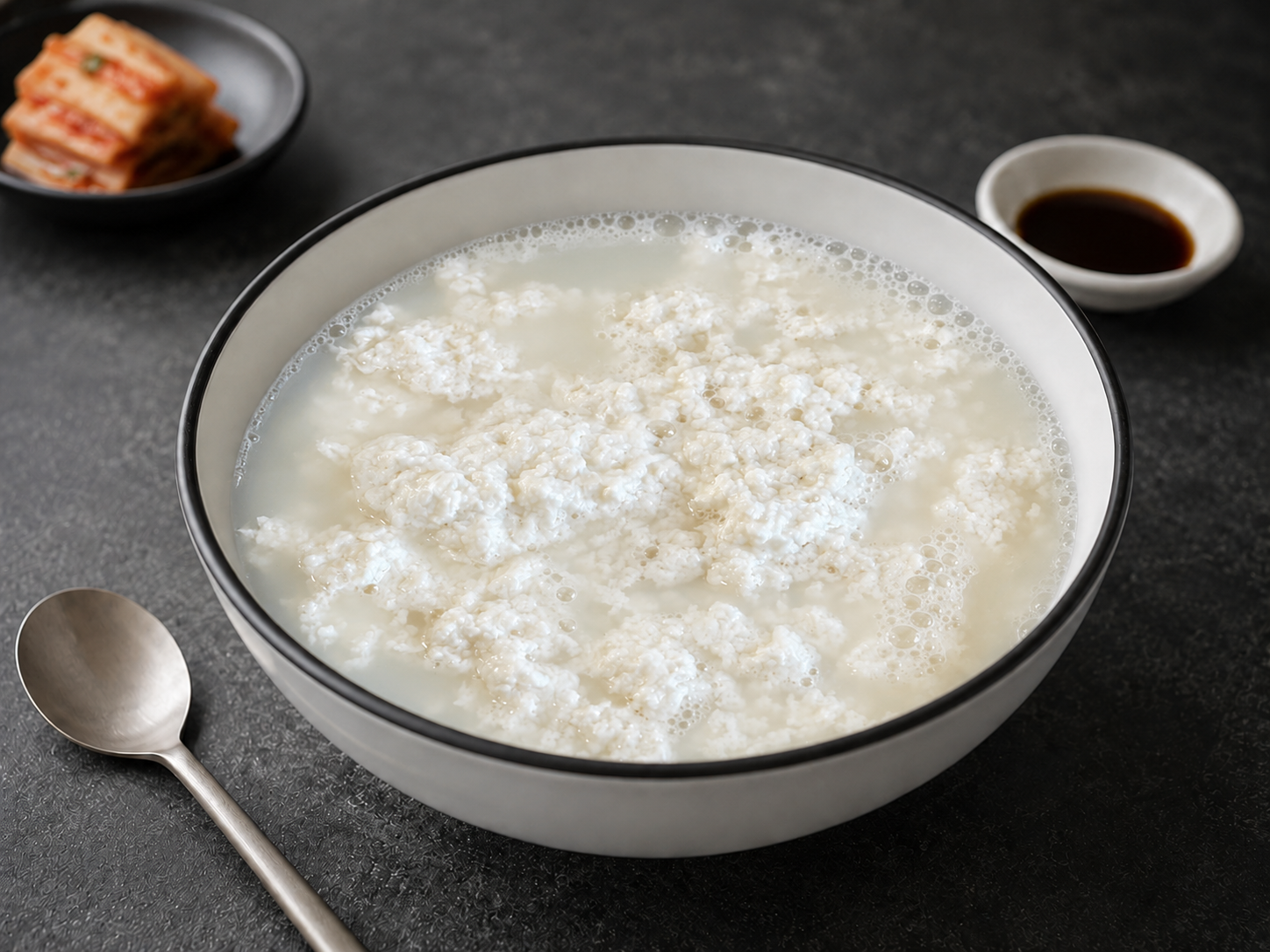 검은 그릇에 담긴 흰 초당순두부와 나무 상 위의 간장, 김치, 파 고명