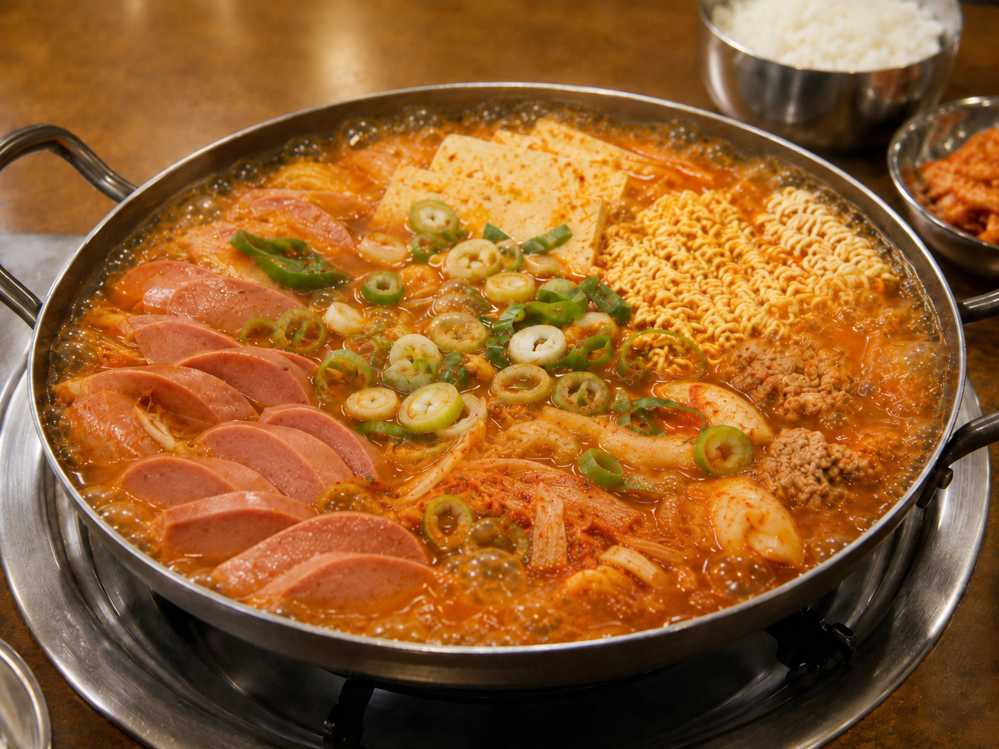 부대찌개 냄비에 햄, 소시지, 김치, 사리가 담긴 의정부 부대찌개 대표 이미지